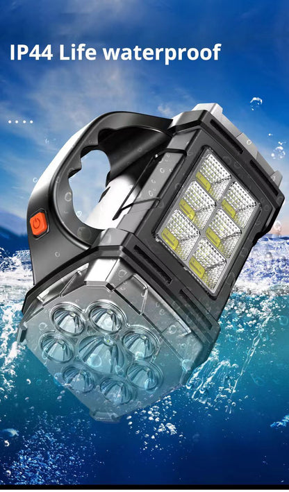 LED work light with water splashes and text 'IP44 Life waterproof' on a blue background