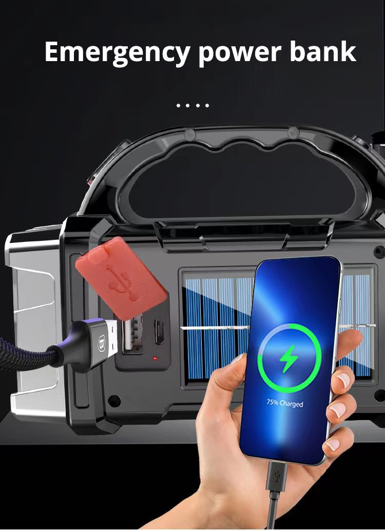 Emergency power bank with a phone showing charging progress on a black background