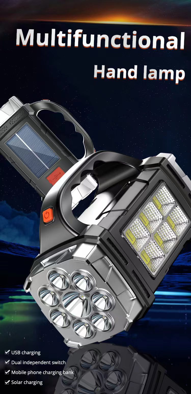 Multifunctional hand lamp with solar panel and LED lights on a dark background