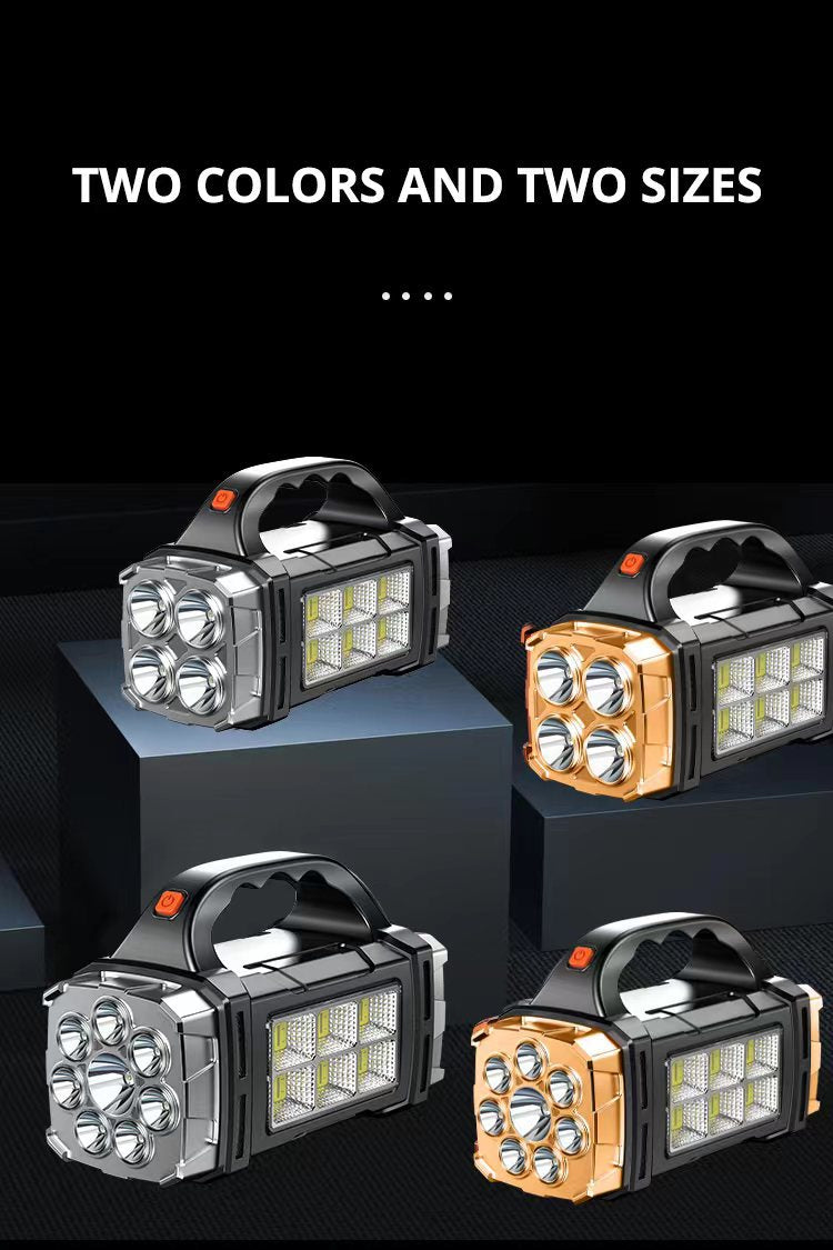 Four portable lights in two colors and two sizes on a black background with text indicating color and size options.