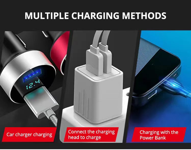 Various charging methods for electronic devices including car charger, wall adapter, and power bank.