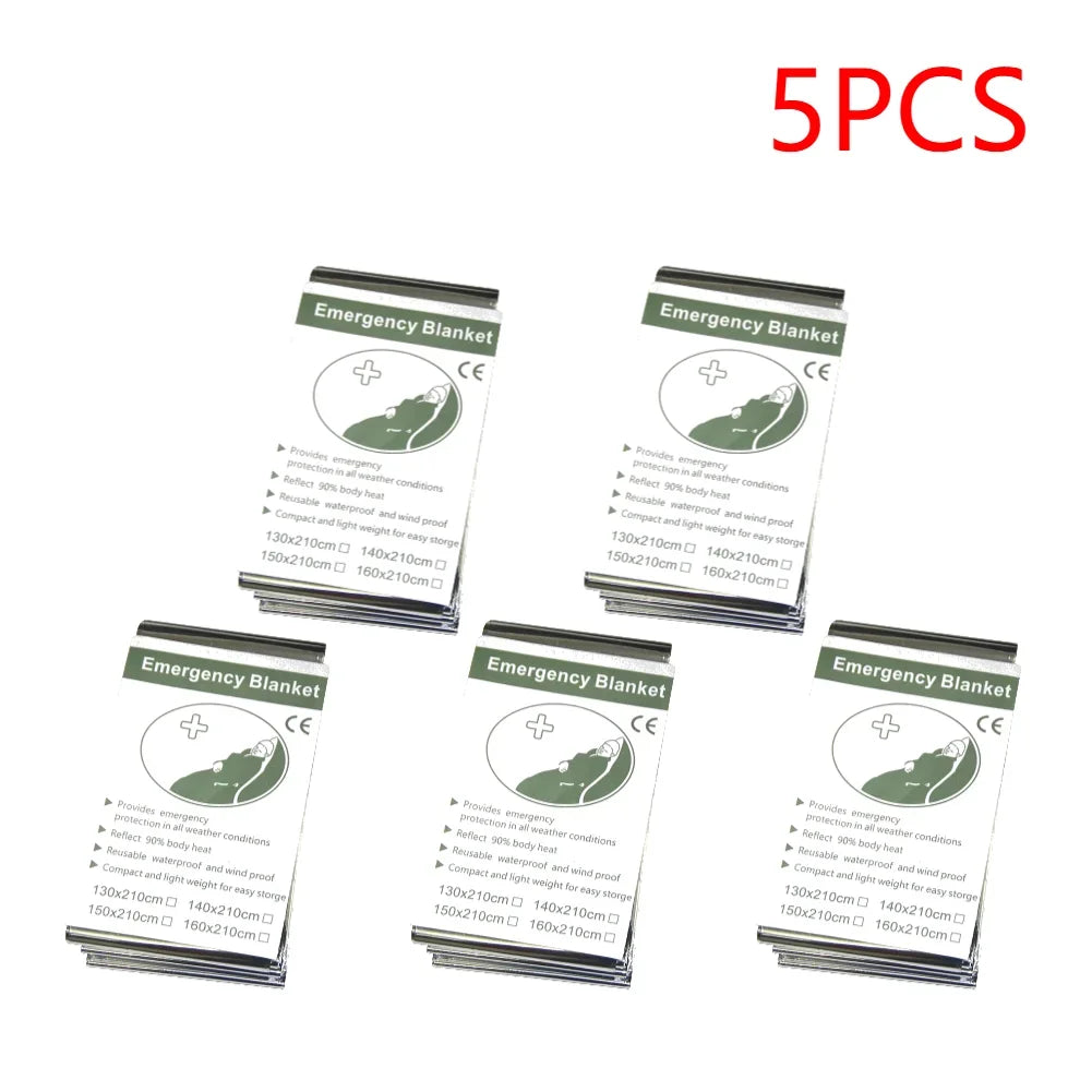 Five emergency blankets in packaging with a white background