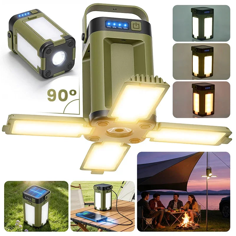 A portable camping lantern light shown in multiple views and lighting modes on a white collage background. The main product is olive green with black trim and bright white/yellow LED panels.