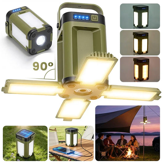 A portable camping lantern light shown in multiple views and lighting modes on a white collage background. The main product is olive green with black trim and bright white/yellow LED panels.