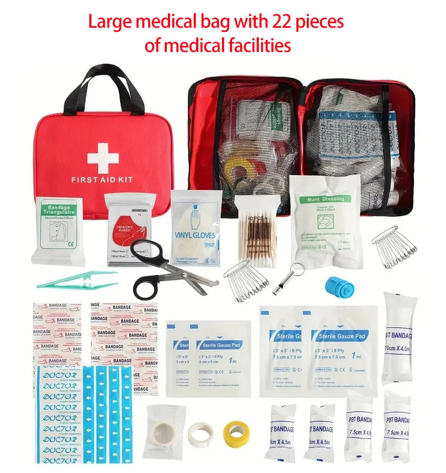 Large medical bag with 22 pieces of medical facilities including bandages, scissors, and other supplies.