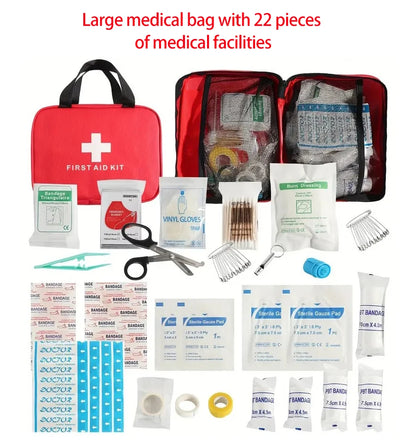 Large medical bag with 22 pieces of medical facilities including bandages, scissors, and other supplies.