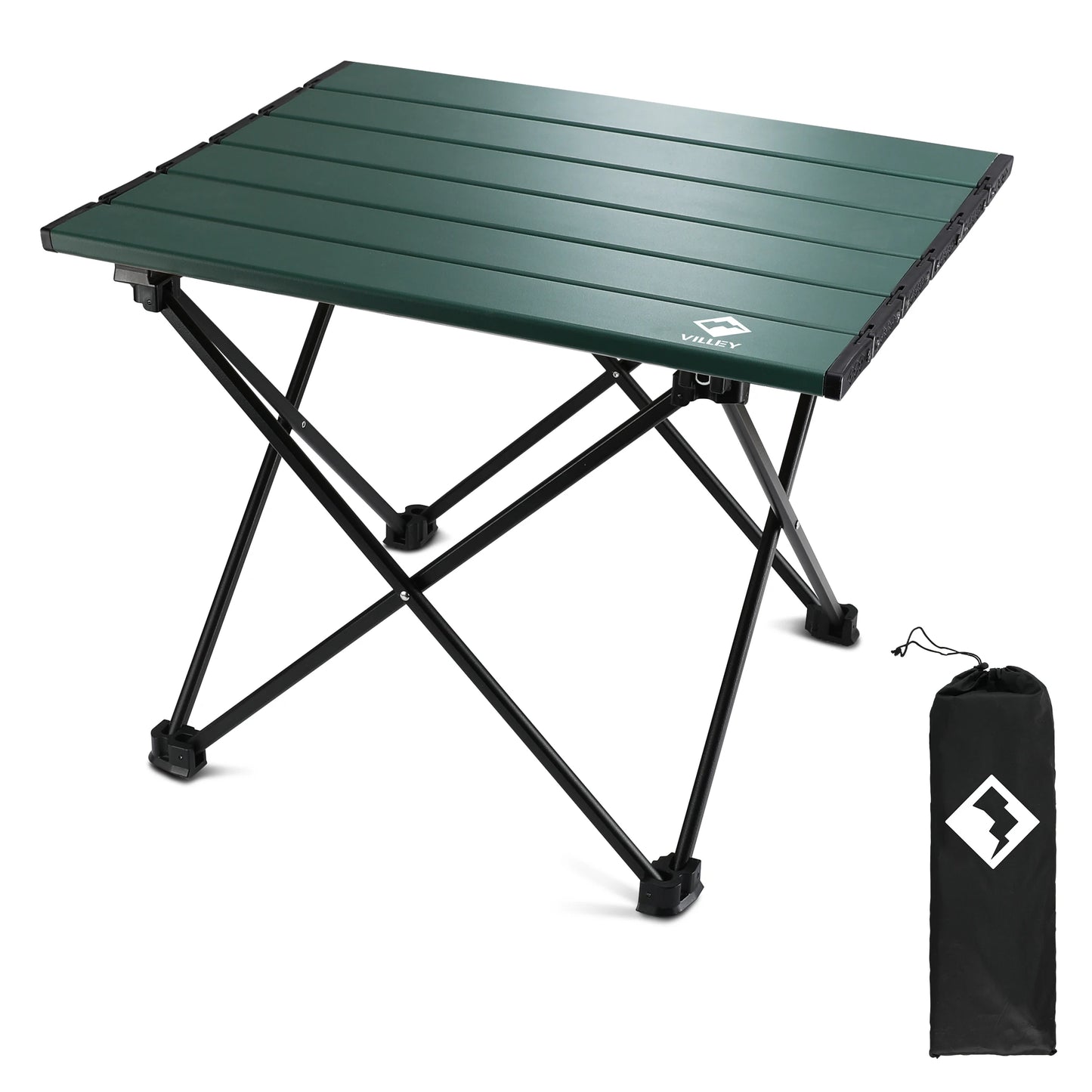 Green folding table with black legs and a carrying bag on a white background