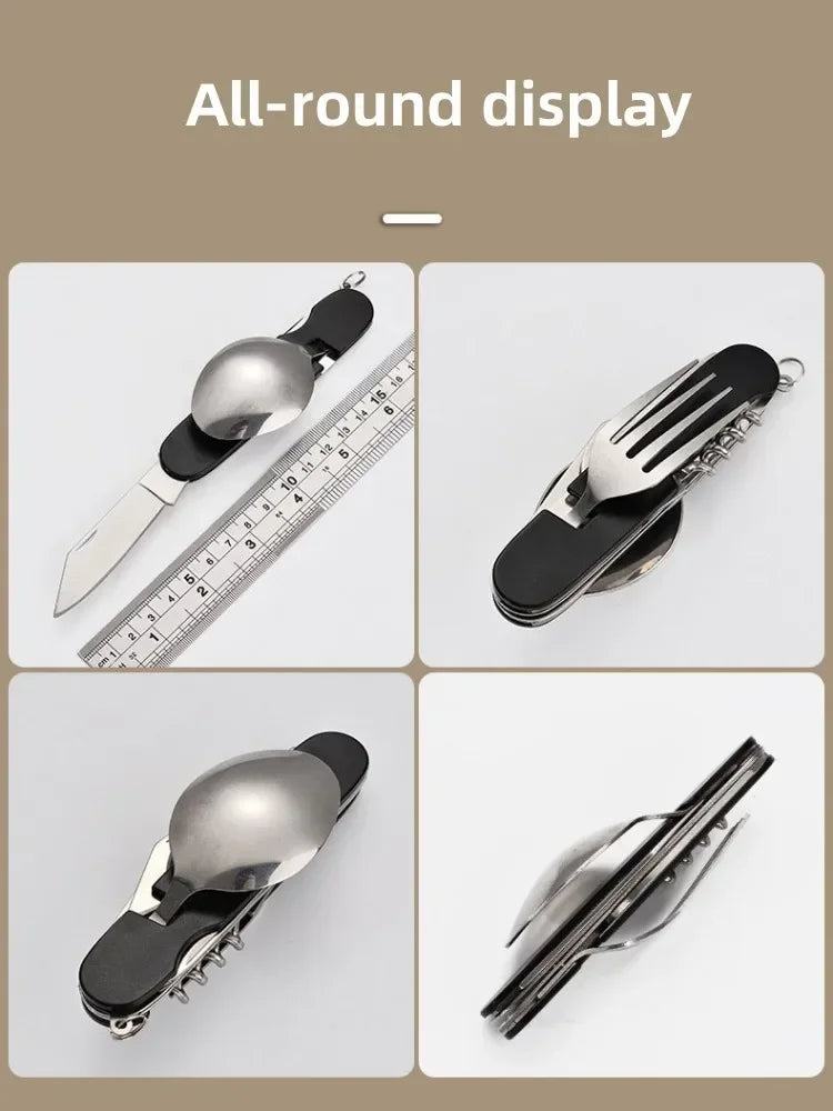 Multifunctional tool with various components on a beige background