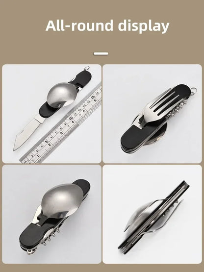 Multifunctional tool with various components on a beige background