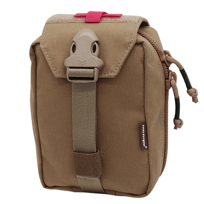 A tan canvas utility pouch with a flap closure, plastic buckle, and a small pink tab on top, shown on a plain white background.