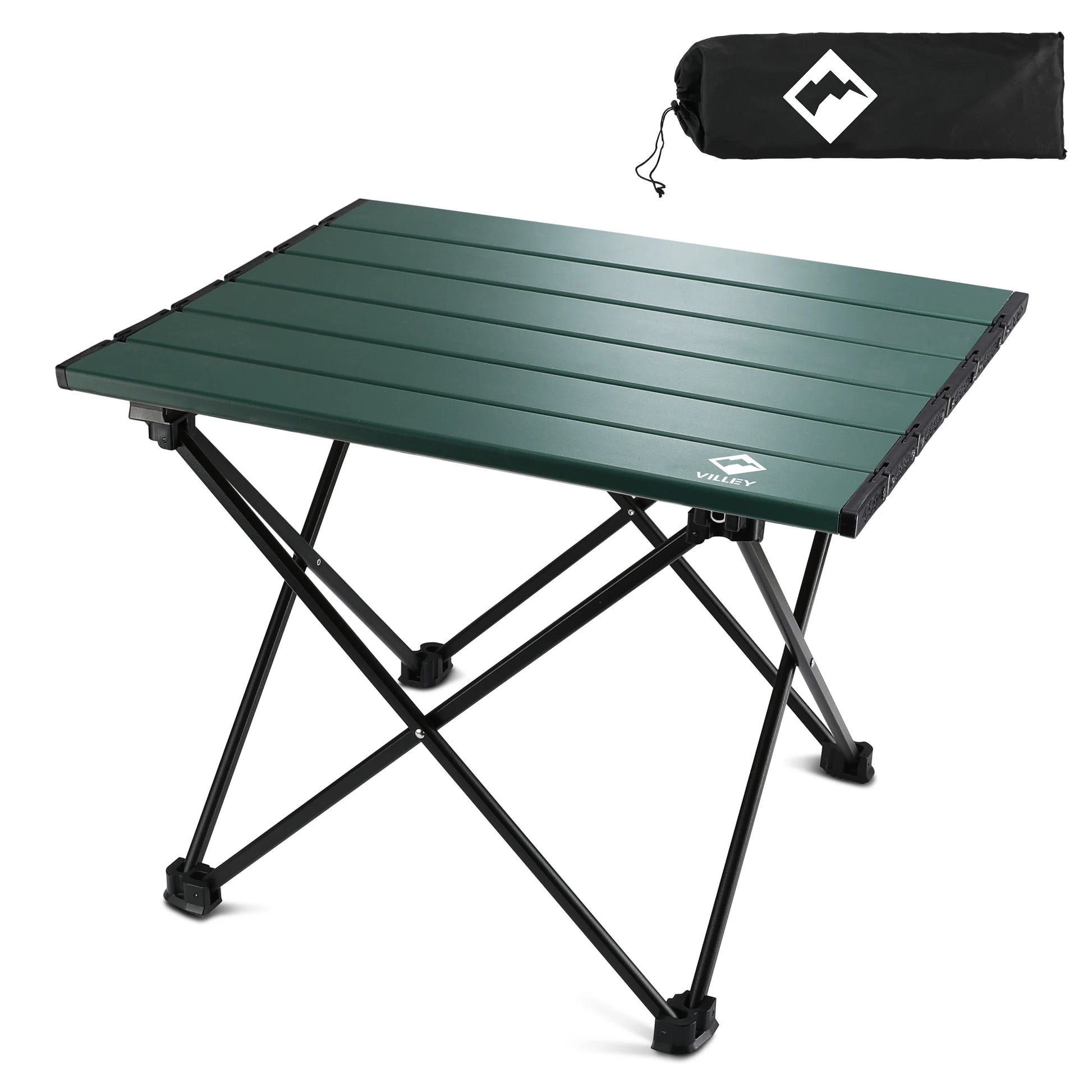 Green folding camping table with carrying bag on a white background