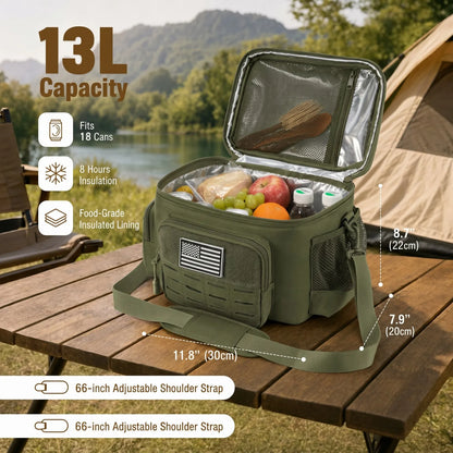 An olive green 13L insulated cooler bag shown open on a wooden picnic table outdoors, with a tent and lake visible in the background. The image includes size and feature callouts: 13L capacity, 18 cans fit, 8 hours insulation, food-grade lining, 66-inch adjustable shoulder strap, and dimensions 11.
