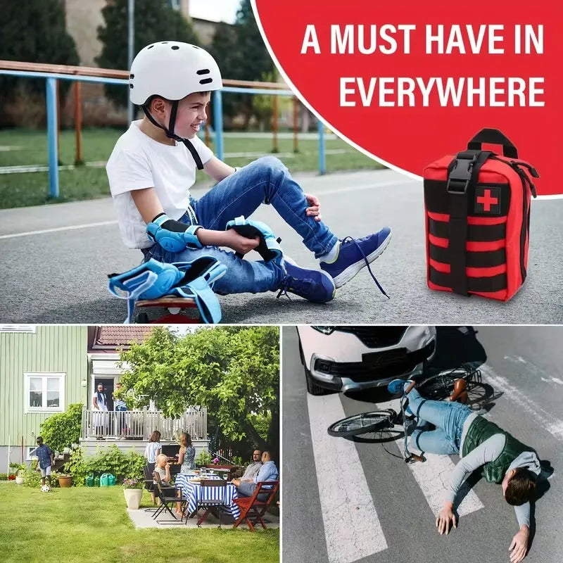 A red and black emergency first aid kit bag is shown alongside a lifestyle collage of children wearing protective cycling gear and a cyclist lying on the ground after a crash. A red circular badge contains the text 'A MUST HAVE IN EVERYWHERE'.