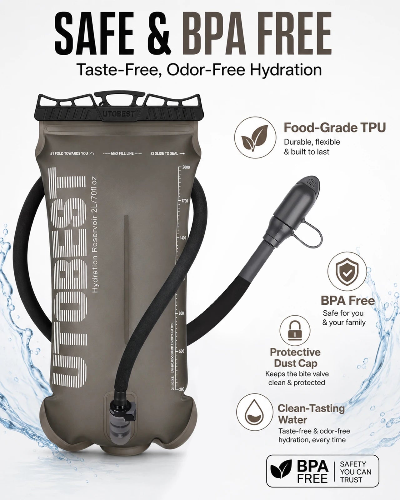 A UtoBest hydration reservoir bag in dark gray with a black drinking tube and mouthpiece, shown on a white background with marketing text and icons about being BPA free, food-grade TPU, and odor-free.