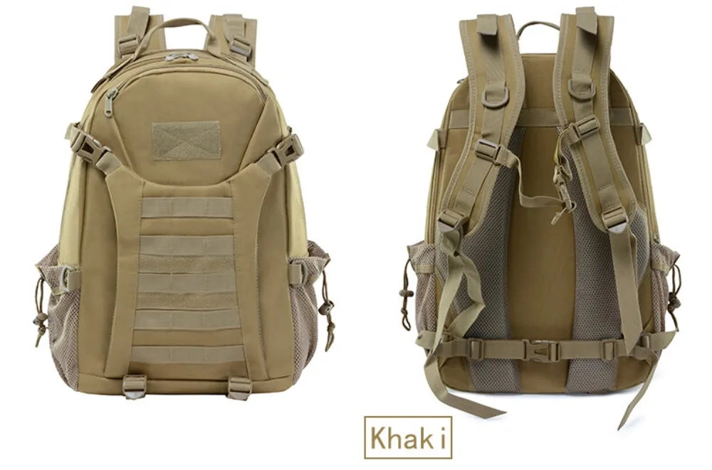Khaki backpack shown from front and side on a white background