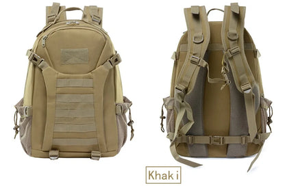 Khaki backpack shown from front and side on a white background