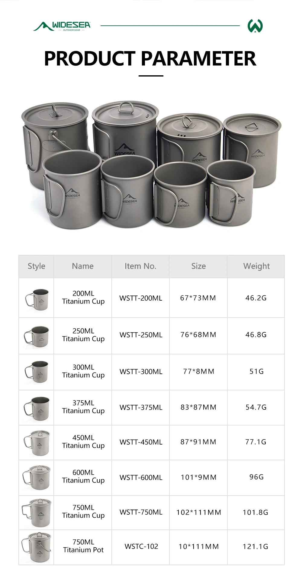 A product specification chart for a set of Mosea titanium camping cups and pots, showing a row of gray metal containers and a table listing styles, item numbers, sizes, and weights from 200ML to 750ML Titanium Cups and a 750ML Titanium Pot.