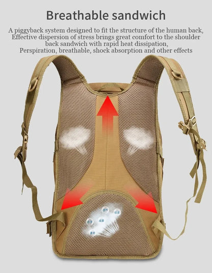 Tan backpack with breathable sandwich design on a gray background