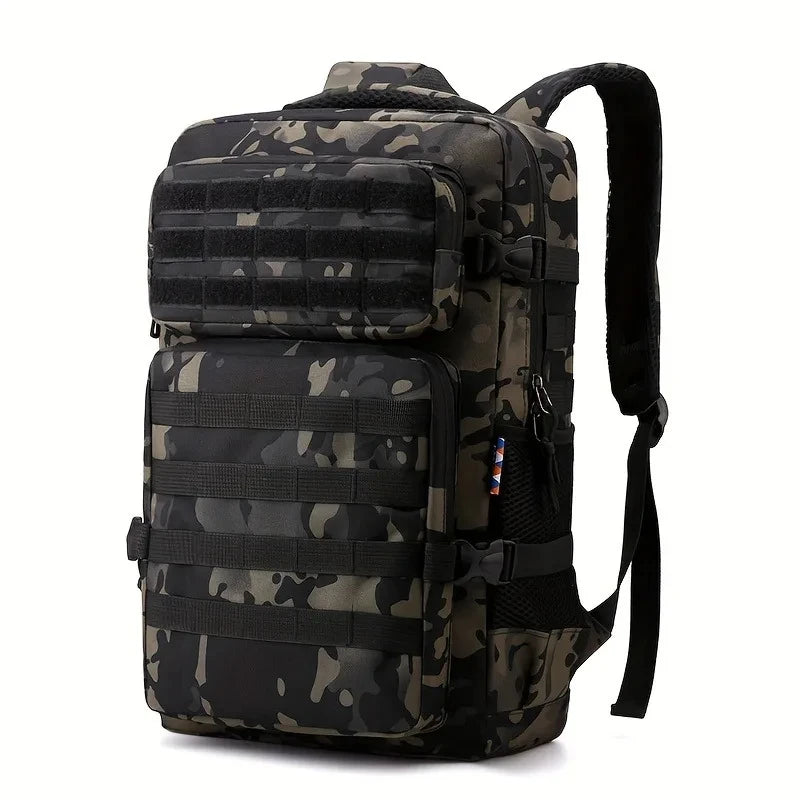 Camouflage backpack with multiple pockets on a white background