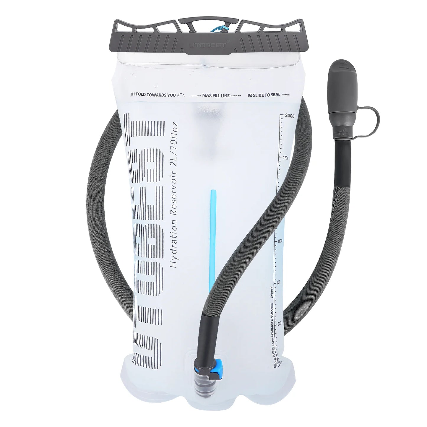 Hydration reservoir with black hose on a white background