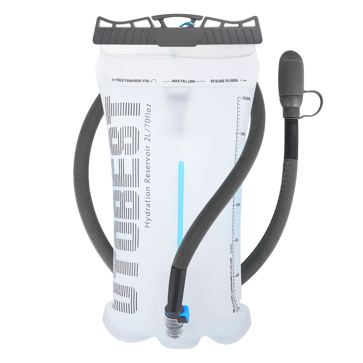 Hydration reservoir with black hose on a white background