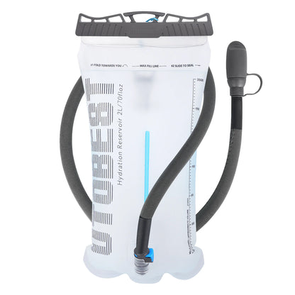 Hydration reservoir with black hose on a white background