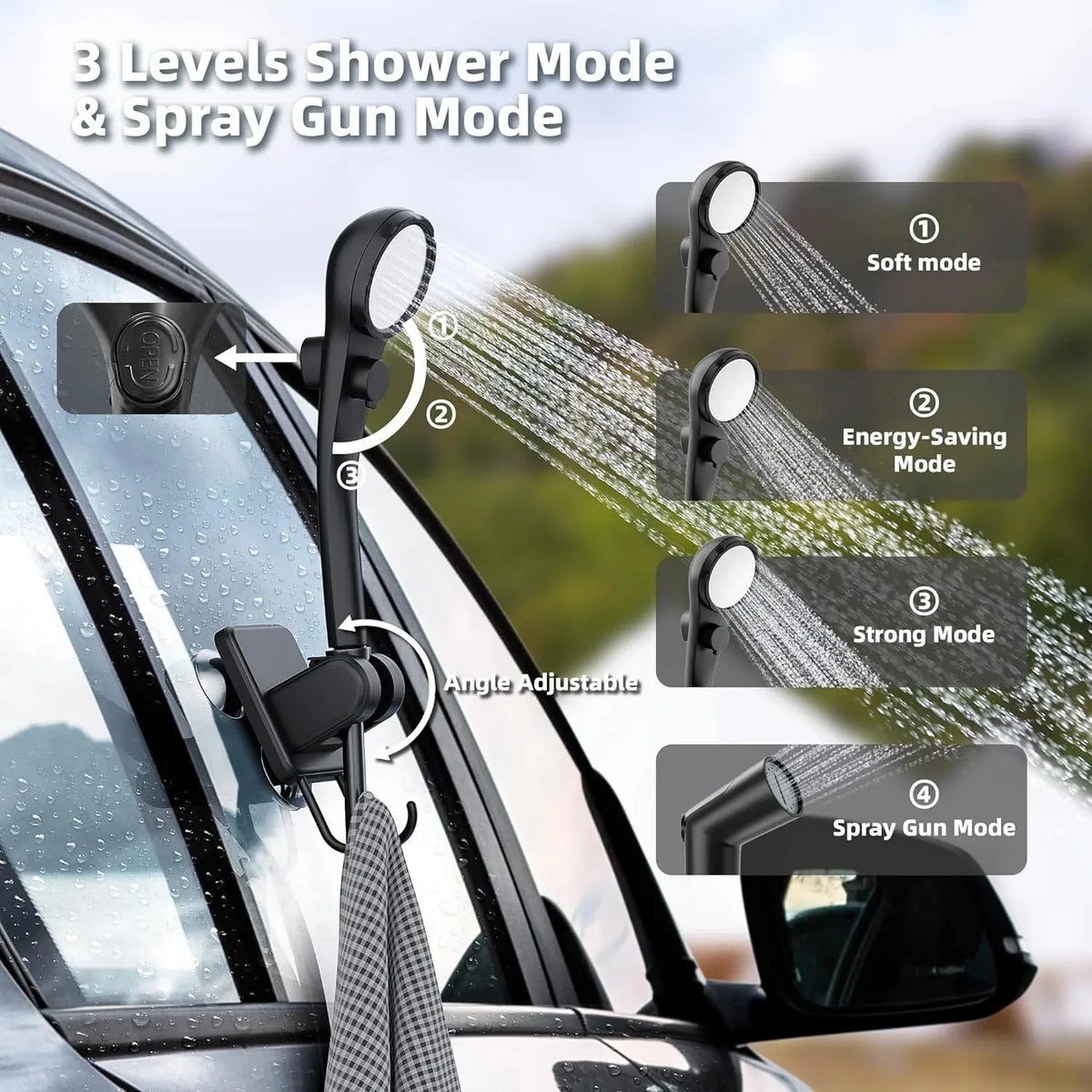 Car window cleaning tool with shower and spray gun modes on a car window background.