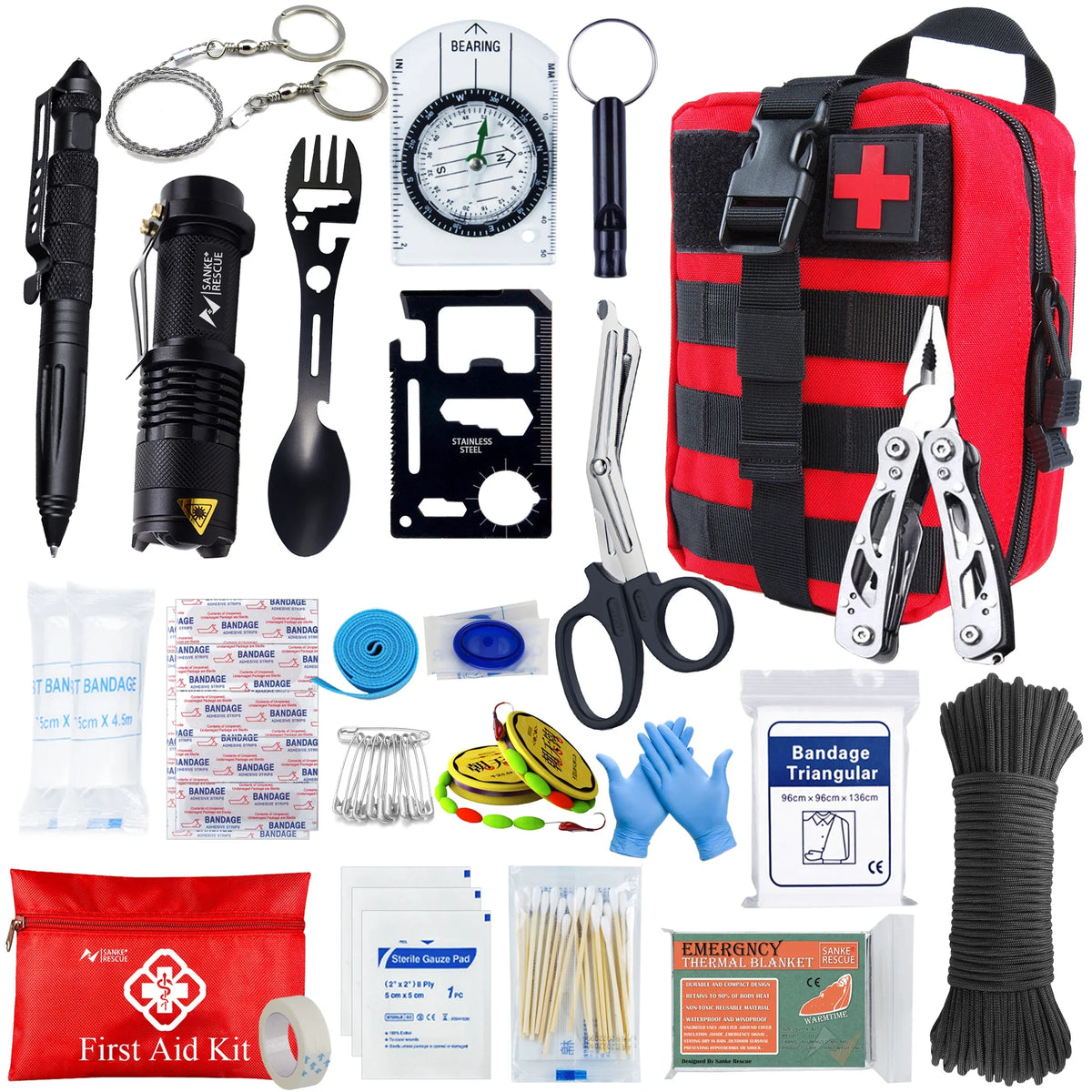 Collection of emergency survival tools and first aid supplies on a white background