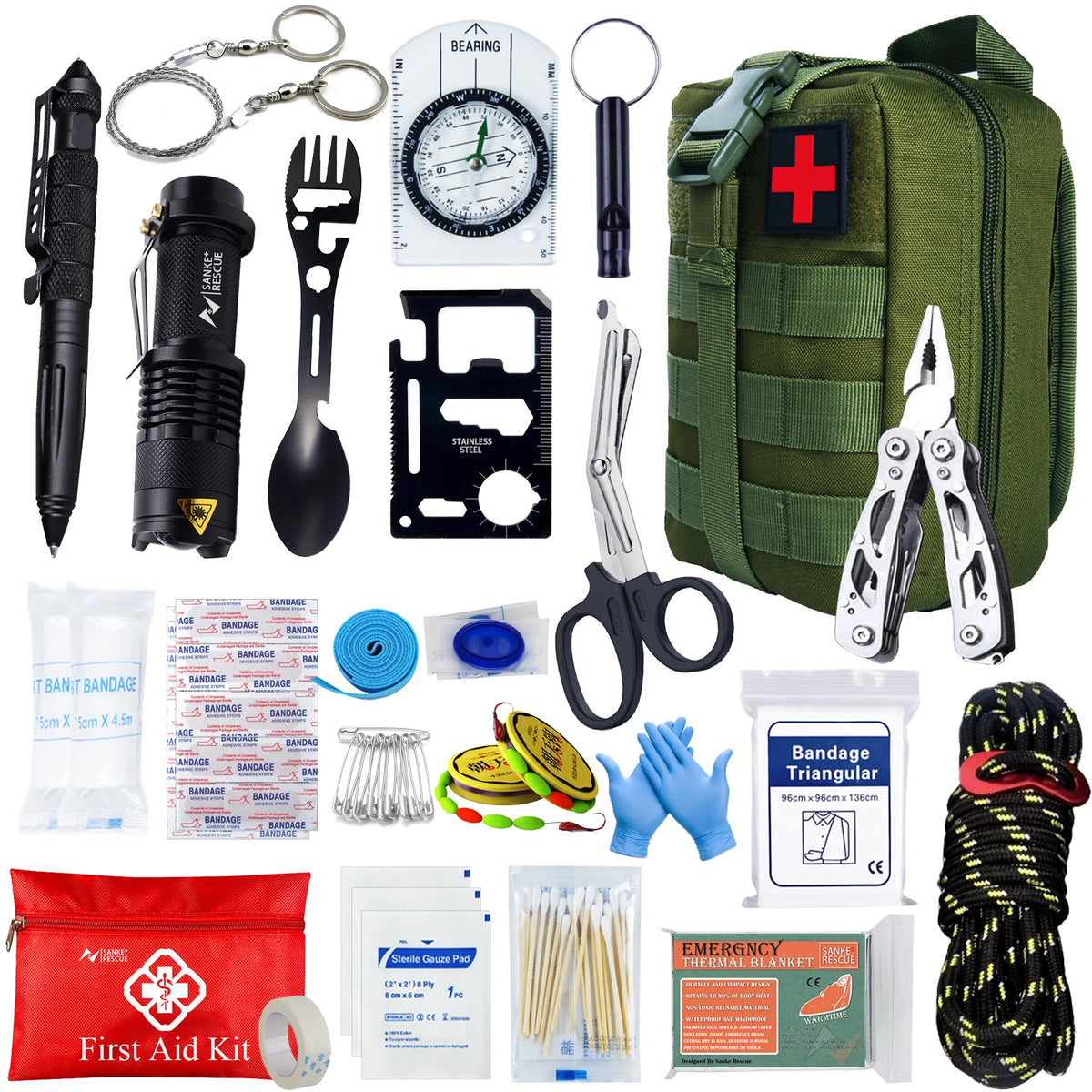Collection of emergency survival tools and first aid kits on a white background