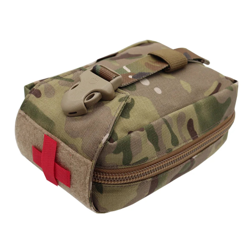 A tactical first aid kit pouch in a Multicam camouflage pattern, featuring a red cross patch on the front and a plastic quick-release buckle closure, shown on a plain white background.
