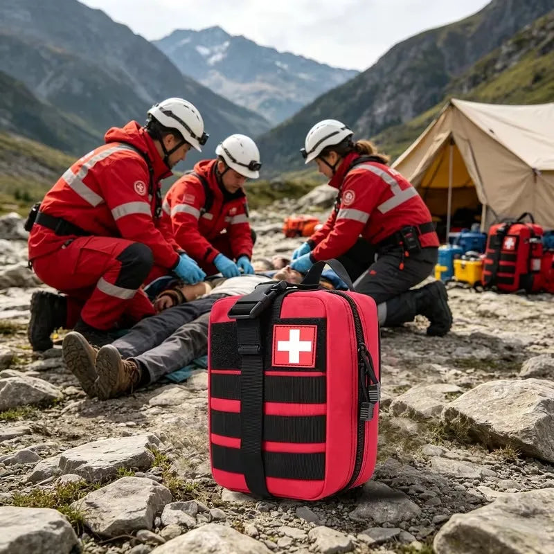 A red and black first aid kit bag with a white Swiss cross is in the foreground on a rocky mountain path, while three emergency responders in red uniforms attend to a person near a tent in the background.
