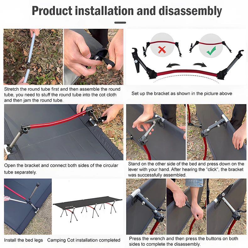 Step-by-step guide on how to install and disassemble a camping cot with text instructions.