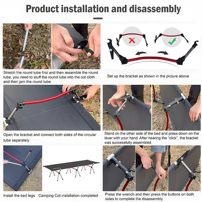 Step-by-step guide on how to install and disassemble a camping cot with text instructions.