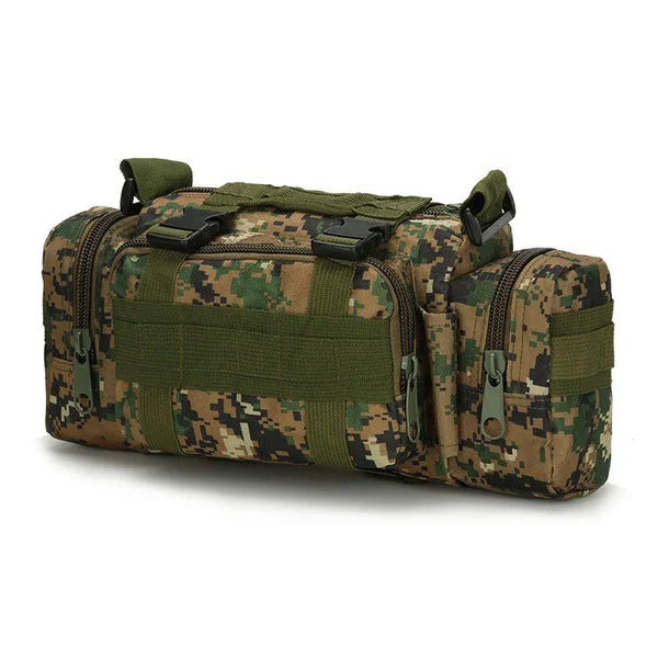 Camouflage duffel bag with multiple zippers on a white background