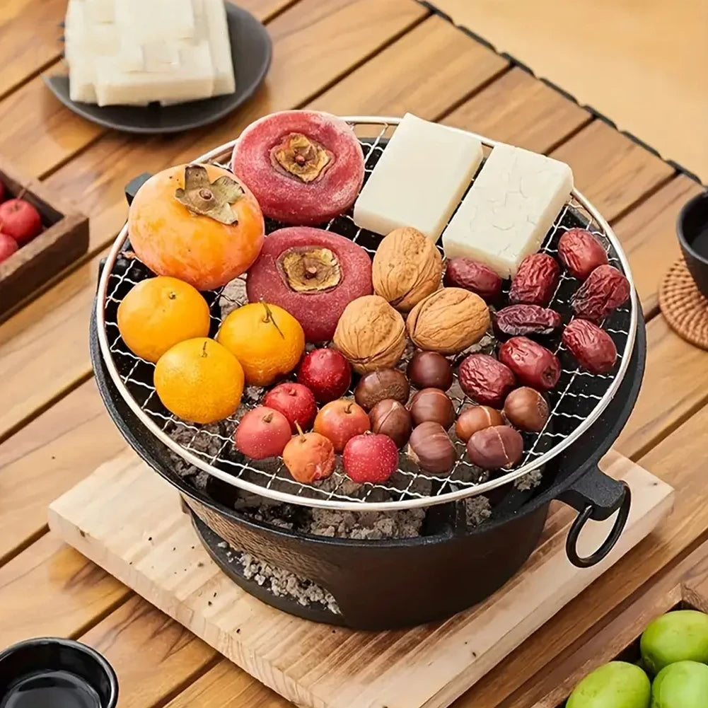 Fruit and vegetable skewer on a grill over a wooden table