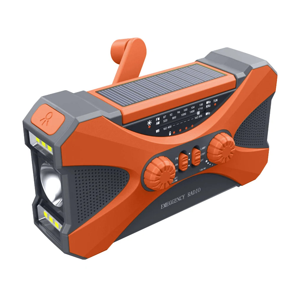 Orange and gray emergency radio with solar panel on a white background