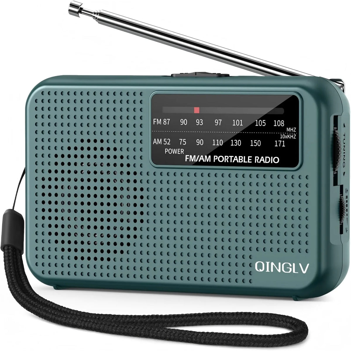Portable radio with antenna on a white background, featuring the brand 'QINGLV'.