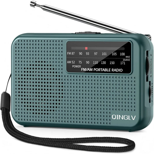 Portable radio with antenna on a white background, featuring the brand 'QINGLV'.