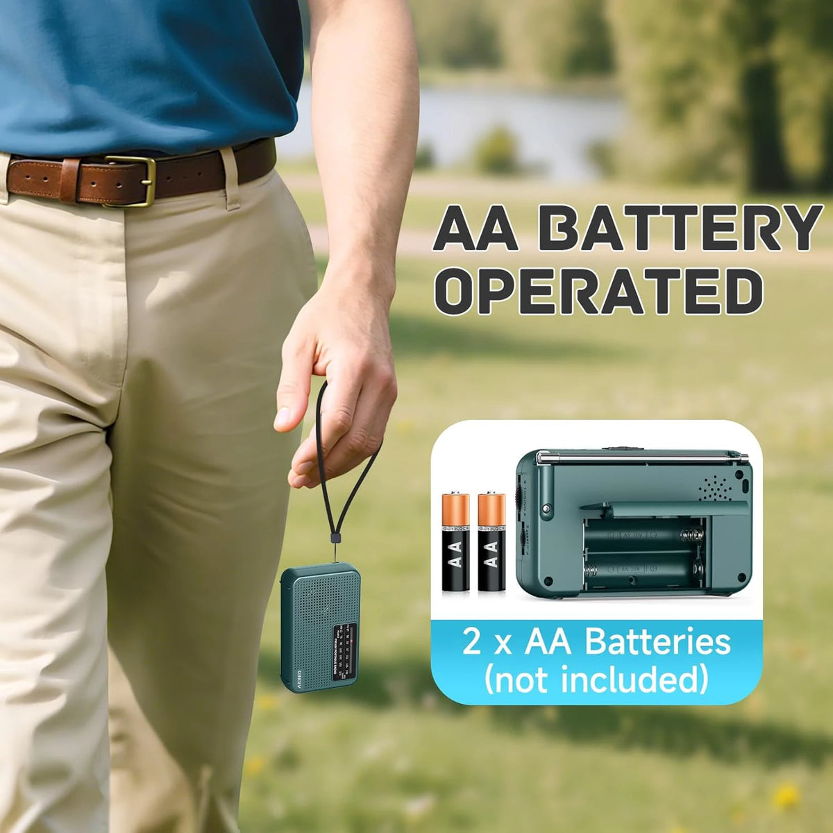 Person holding a small blue device with text about AA battery operation in an outdoor setting.