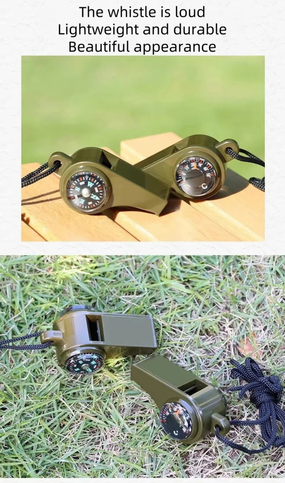 Green whistle with compasses on a wooden surface and grass background.