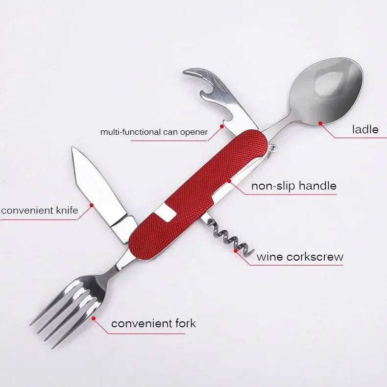 A multi-tool pocket knife with a red textured handle, shown open with several stainless steel tools: a spoon labeled 'ladle,' a fork labeled 'convenient fork,' a knife labeled 'convenient knife,' a corkscrew labeled 'wine corkscrew,' and a can opener labeled 'multi-functional can opener.' The handle is labeled 'non-slip handle.