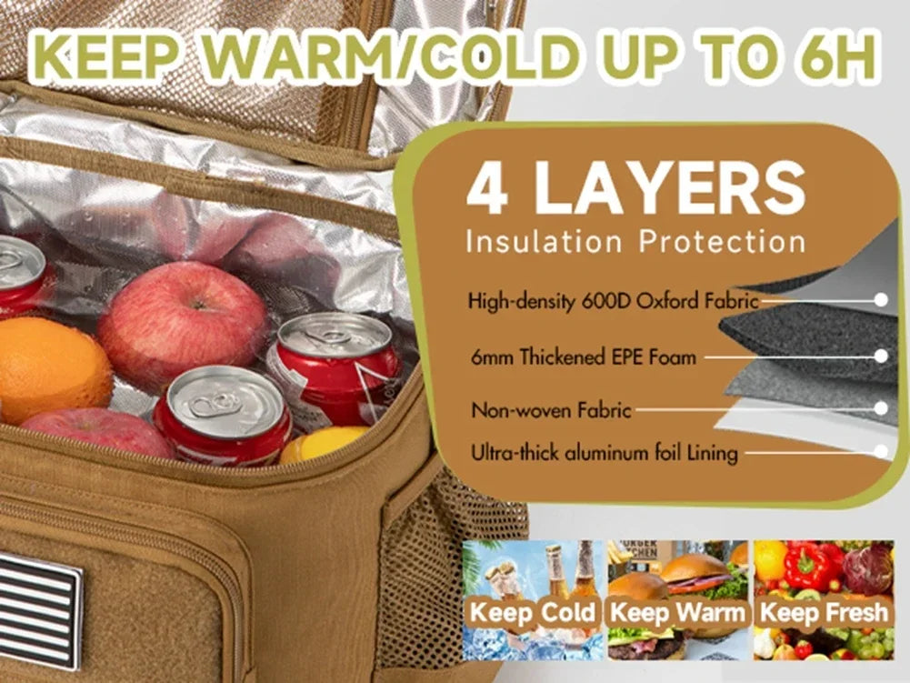 Insulated cooler bag with food items and text highlighting insulation layers and features.