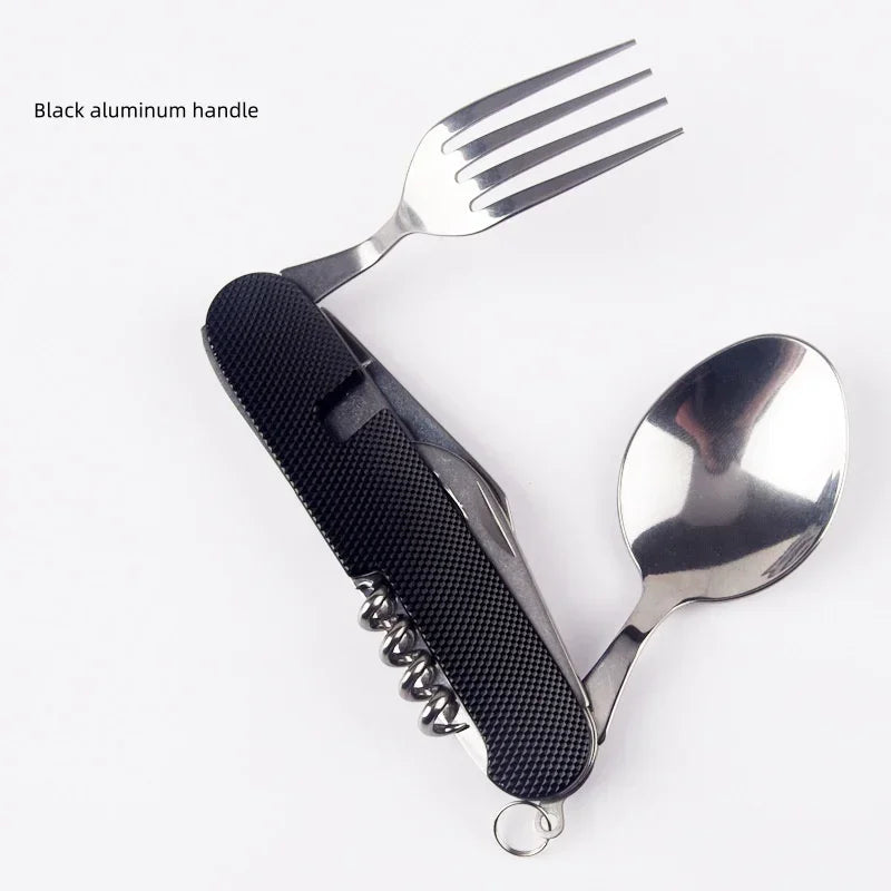 Multitool with black handle and silver fork and spoon on white background
