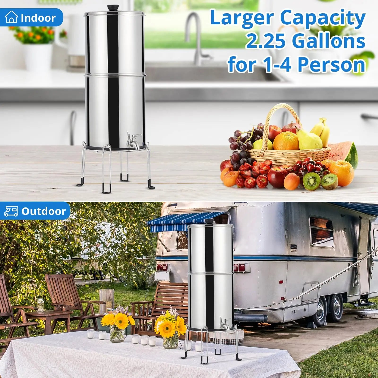 Water filter system with fruit basket and trailer in outdoor setting