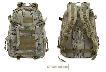 Two camouflage backpacks shown from front and back on a white background
