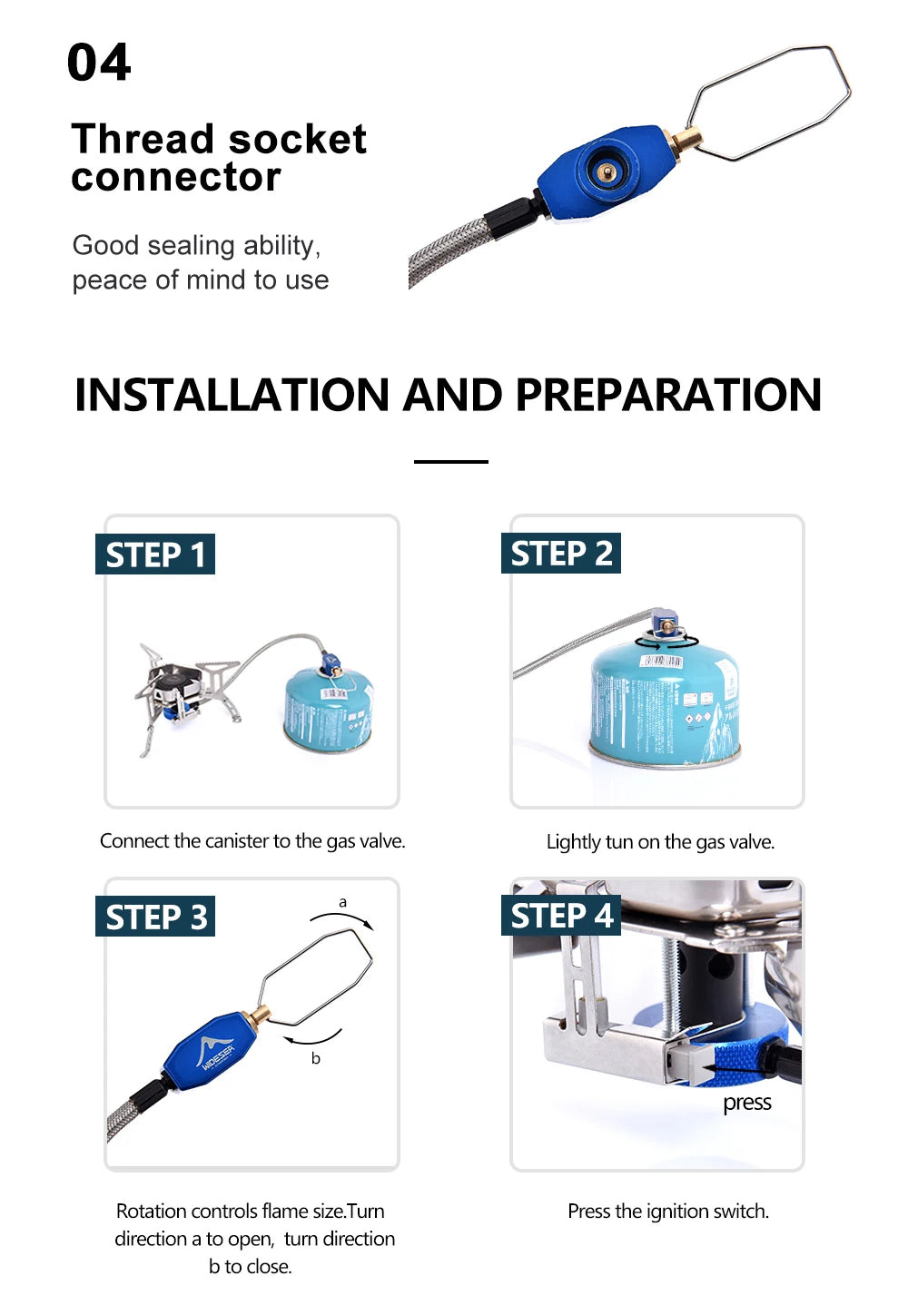 Instructions for installing a thread socket connector with step-by-step illustrations on a white background.