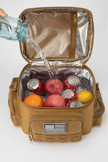 Brown insulated cooler bag with food items and a person pouring water into it on a white background