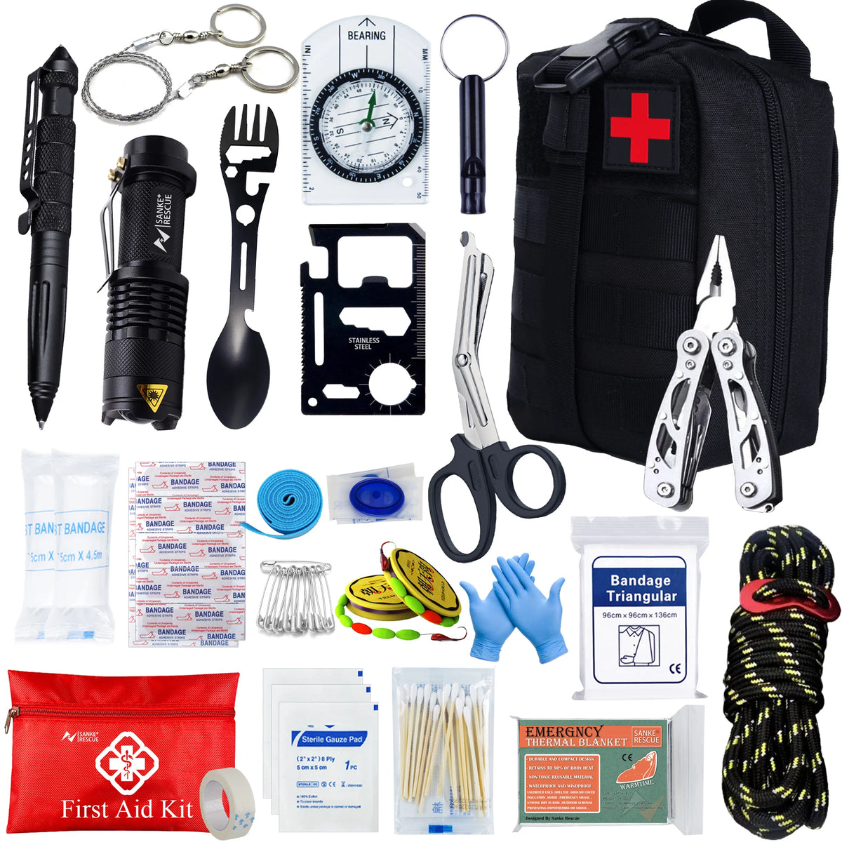 Collection of emergency survival tools and first aid items including a black backpack with a red cross, scissors, pliers, and bandages.