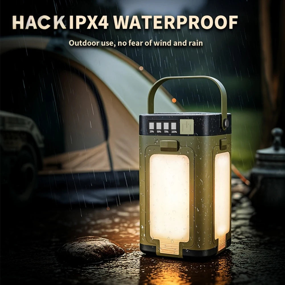 Waterproof camping lantern with tent in the background during rain