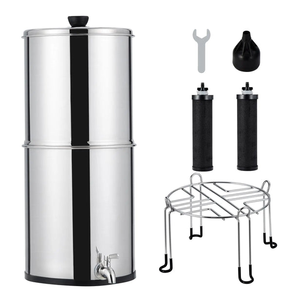 Stainless steel water filter with accessories on a white background